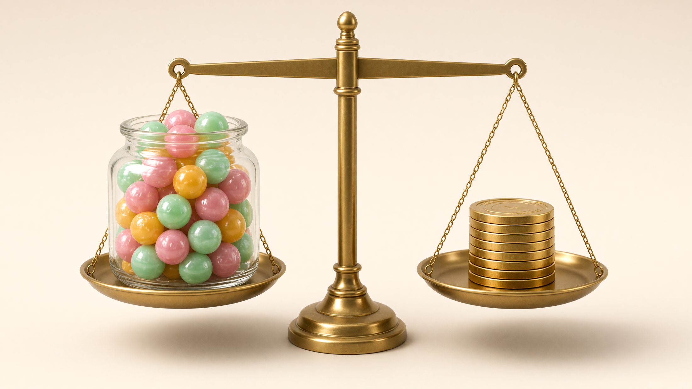 A jar of candy on one side of a balance scale, a stack of coins on the other, perfectly level