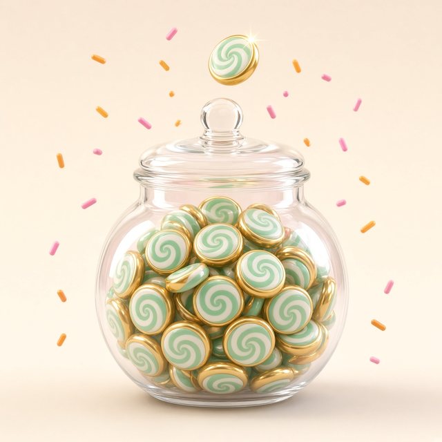 A glass jar filled with mint swirl candy coins