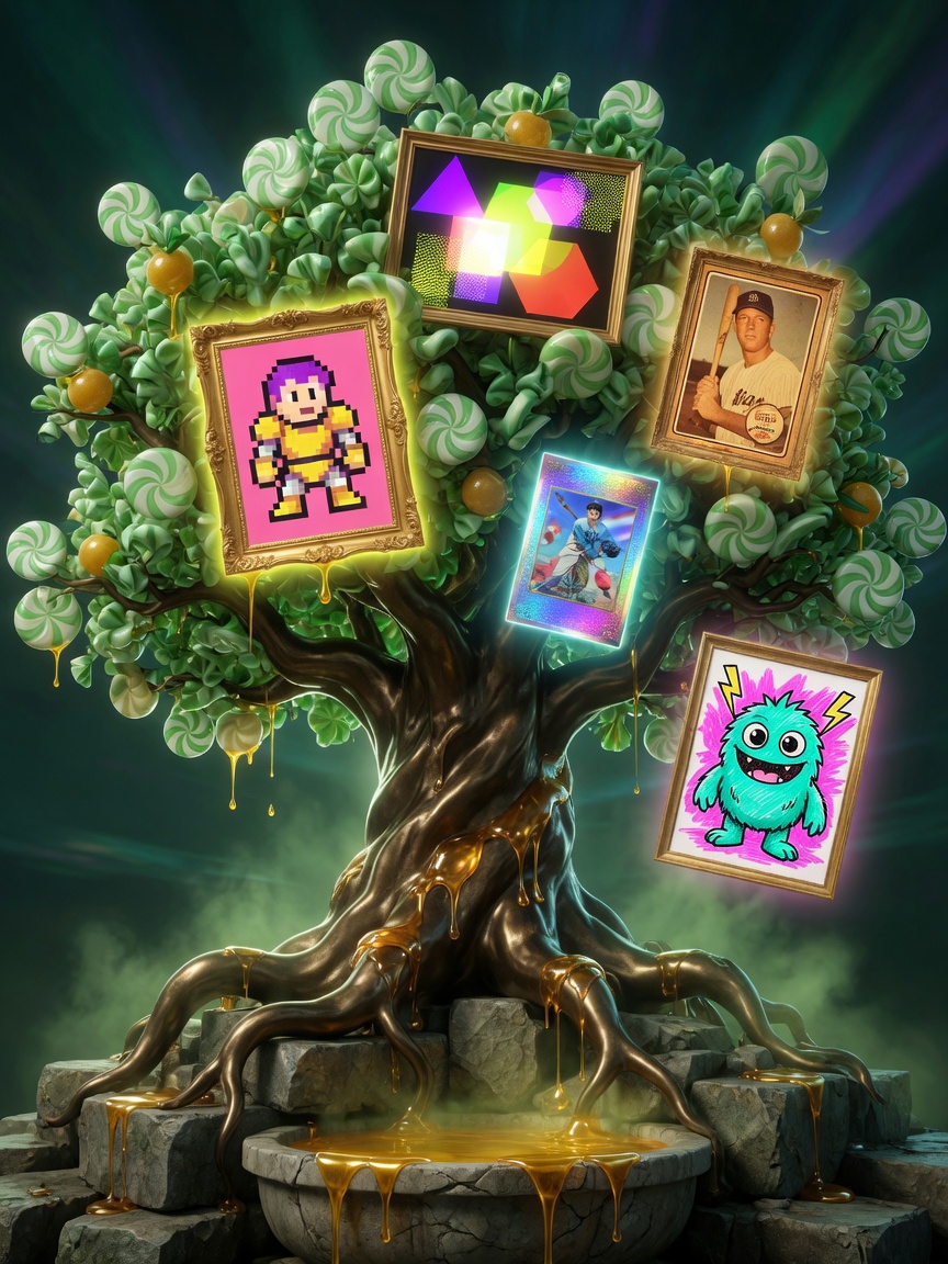 A great tree with a mint-candy canopy, gold-framed collectibles growing in it like fruit, syrup running down the bark into a stone basin