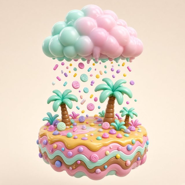 A cotton candy cloud raining sprinkles on a candy island