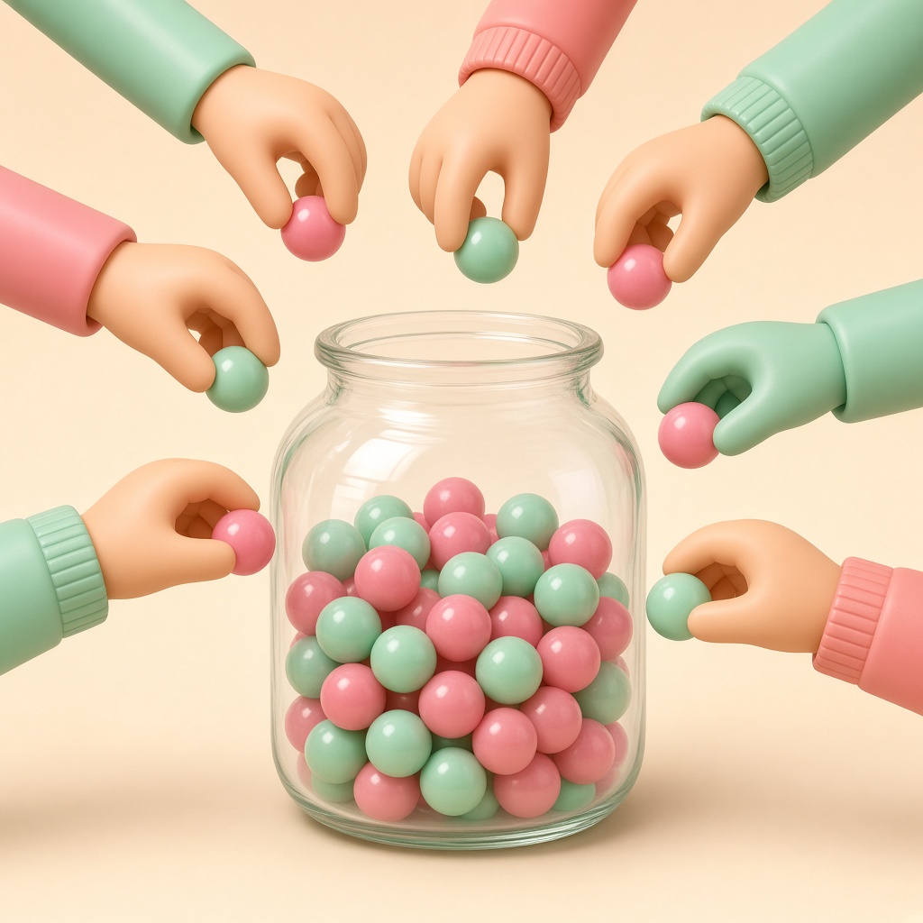 Several hands dropping sweets into one shared jar