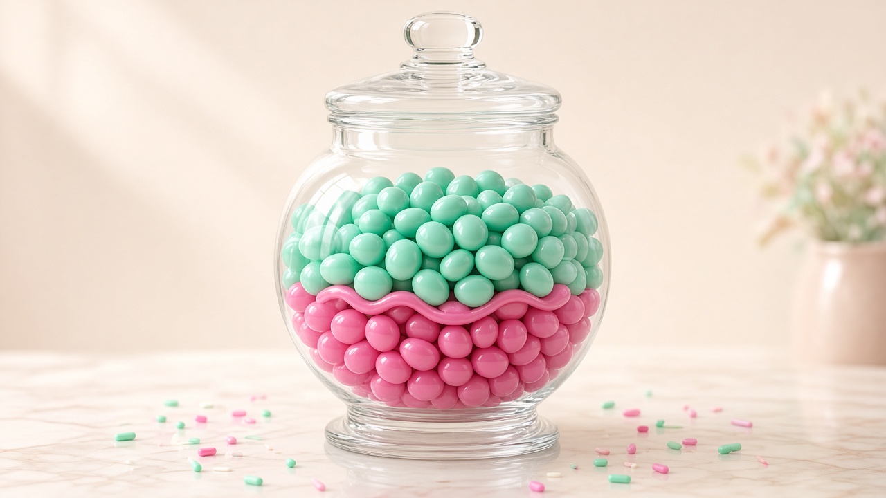 A glass candy jar holding two layers of sweets, mint green above raspberry pink