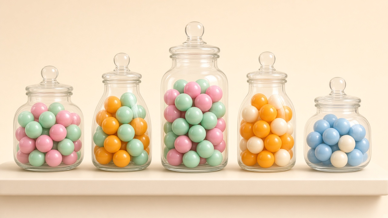 A row of glass jars each holding a different pair of sweets